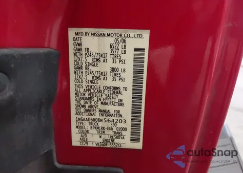 2006 Nissan Titan Xe из США, поврежденный, VIN 1N6AA06B06N564203